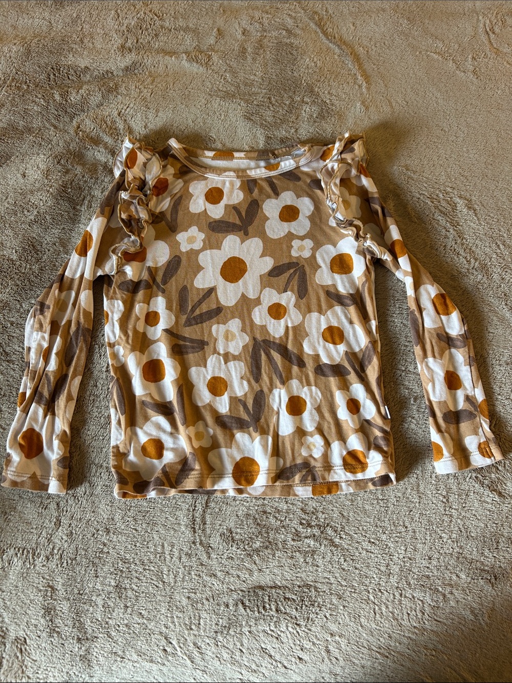 Little Sleepies Cream & Brown Floral Ruffle Long-Sleeve Top